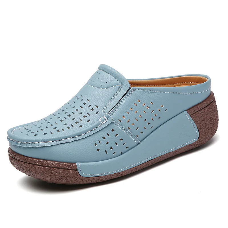 2023 Summer New Women\'s Comfortable Mom\'s Slippers Hollow Out Versatile Shake Shoes Thick Sole Matsuke Baotou Half Slippers