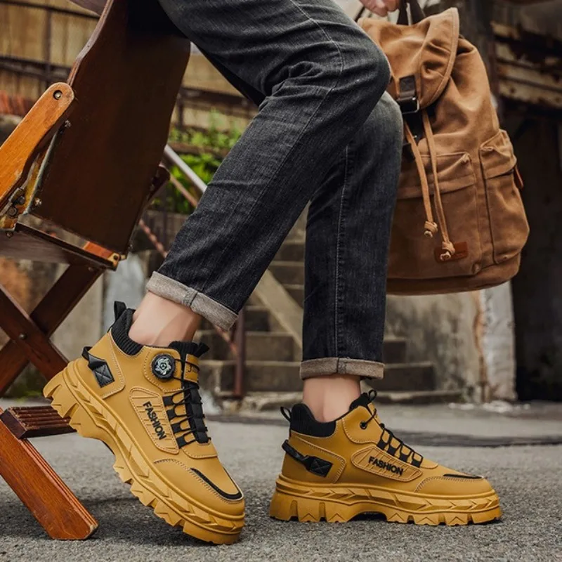 Men's High Top boots Fashion Leather Casual Shoes Outdoor Non Slip Platform Booties Lace Up Men's Ankle Boots Botas Para Hombre