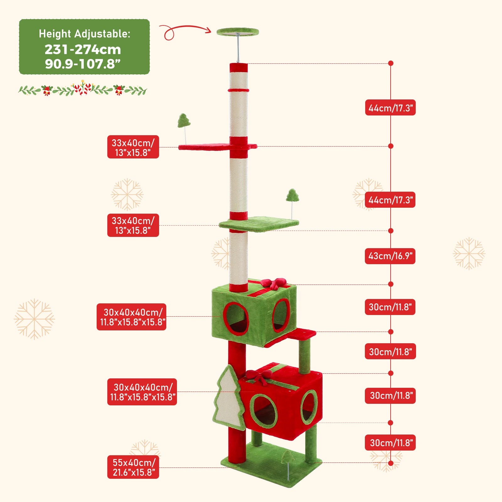 Weihnachts-Katzenbaumturm mit rot-grünem Eigentumswohnung, mehrstufiger Katzenturm mit Sisal-Kratzbäumen, Katzenmöbel für Hauskatzen – Detail 26