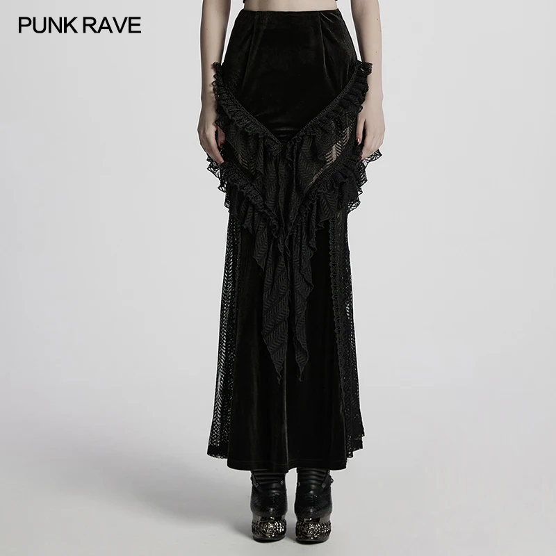 

PUNK RAVE Women's Gothic Velvet & Lace Ruffles Dynamic Skirt Party Club Halloween Dark Unique Long Skirts