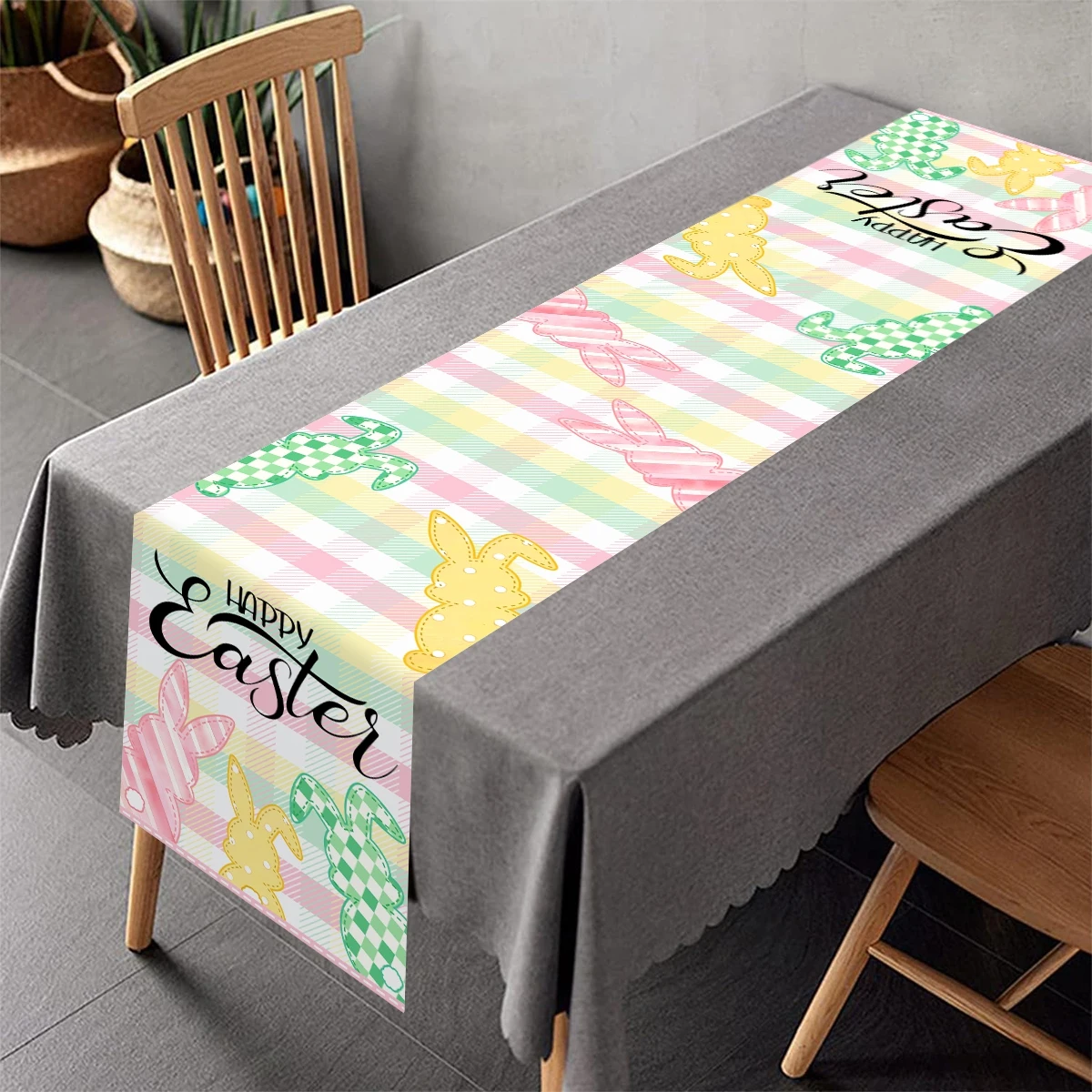 Easter Rabbit Table Runner Polyester Bunny Eggs Table Cover Spring Holiday Happy Easter Decoration For Home Kitchen Dining Table