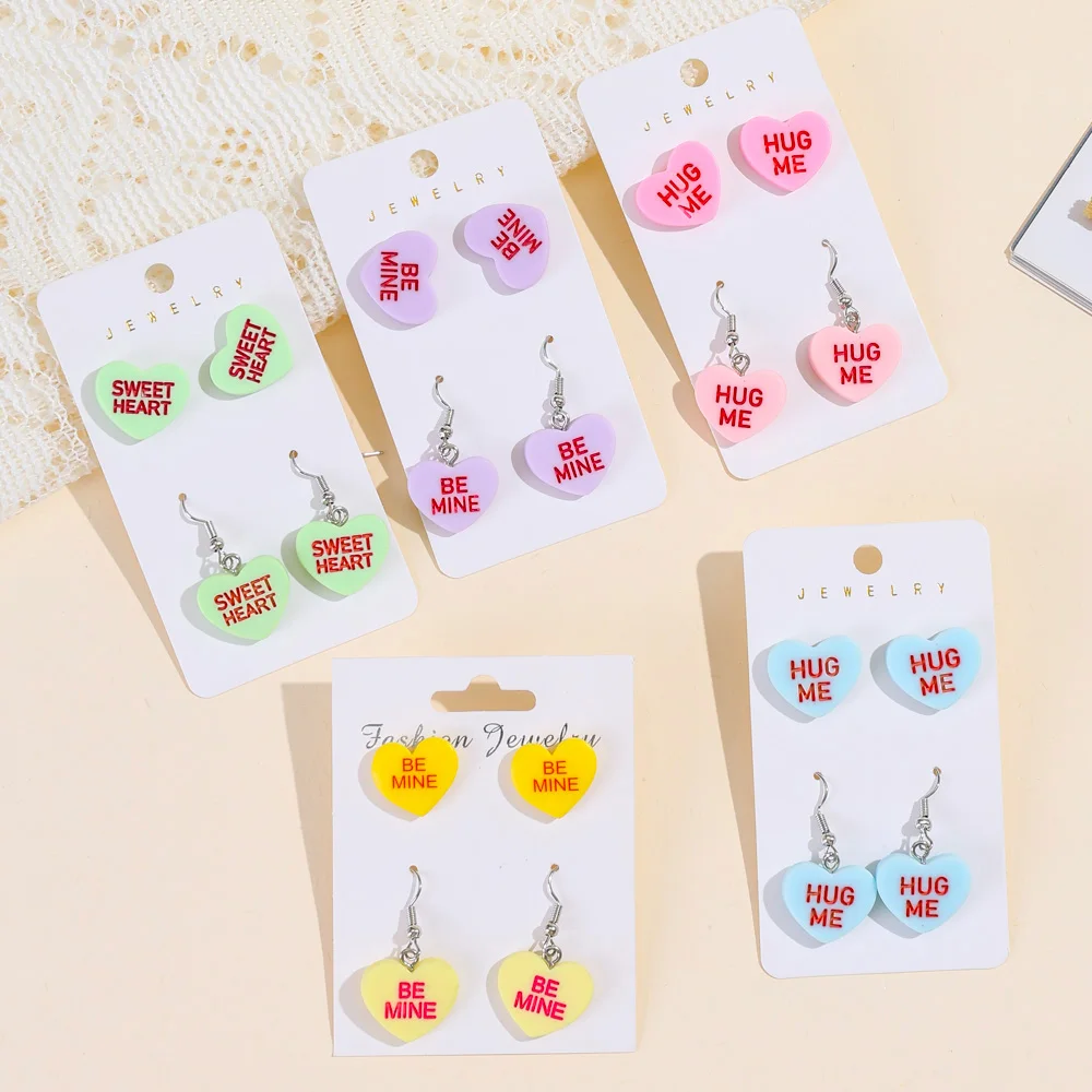 4pcs New European Color Resin Letter Heart Earrings Sweet Candy Color Daily Jewelry Gift For Valentine Mothers Day
