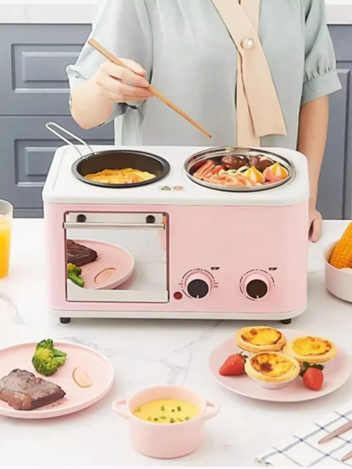 Household Electric 4 in 1 Breakfast Machine Mini Bread Toaster Baking Oven Omelette Fry Pan Hot Pot Boiler Food Steamer