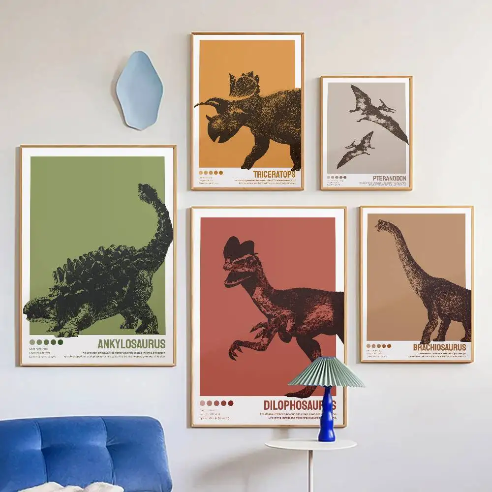 Vintage Abstract Dinosaur Tyrannosaurus Rex Pterosaur Poster Self-adhesive Art Room Entrance Restaurant Wall Decor Art Painting