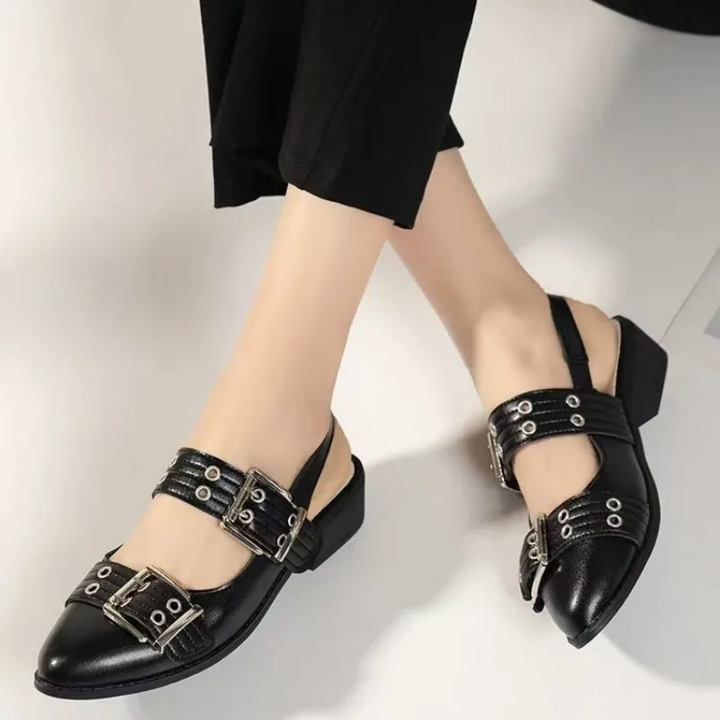 Women's Black Sandals New Open Heel Small Leather Shoes Pump Female Retro Round Head Hollow Thick Heel Baotou High Heel Shoes