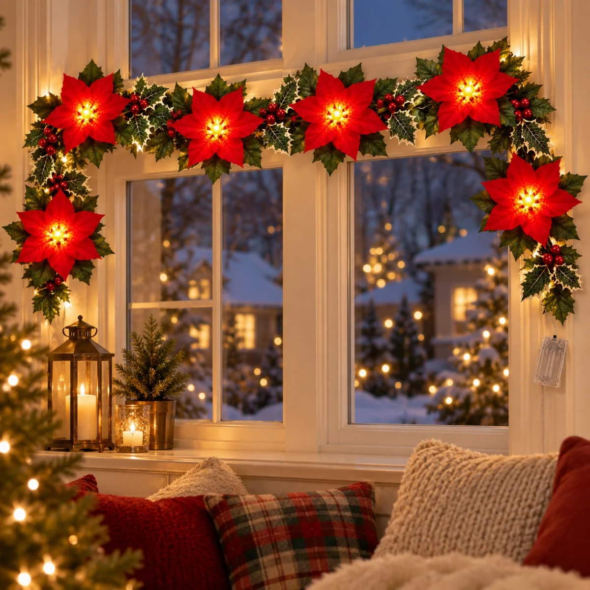 1pc Christmas Poinsettia Wreath String Lights 10/20 LED Artificial Flower Berry Fairy Light for Home Indoor Holiday Xmas Decor