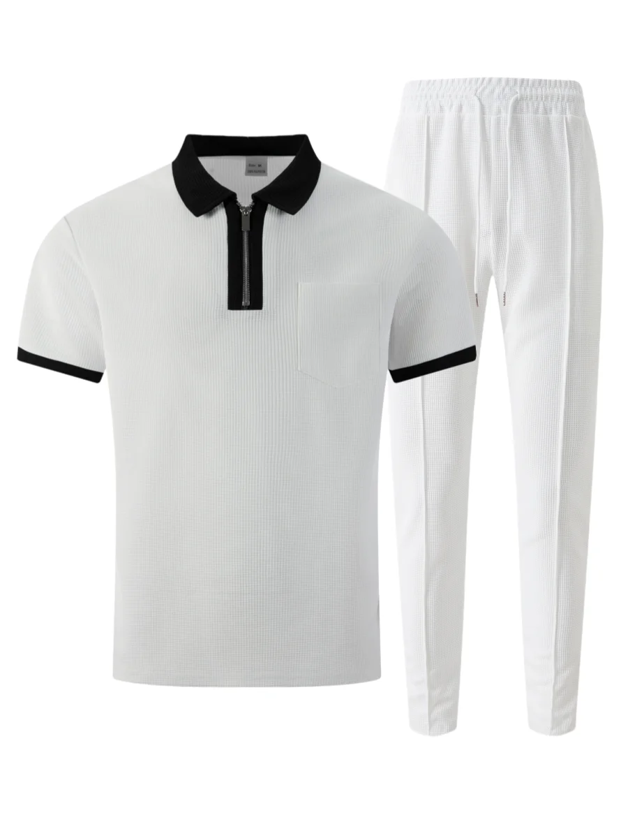 Men's Waffle Knit Tracksuit 2 Piece Set, Half-Zip Contrast Collar Short Sleeve Polo Shirt & Elastic Drawstring Waist Long Pants