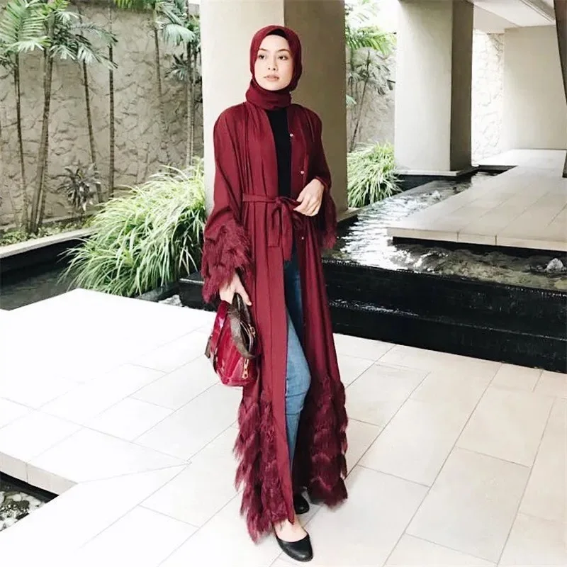 Elegant Thick Fluffy Lace Tassel Abaya Muslim Dress Full length Dubai Female Flare sleeve Islamic Dress wy1333 dropshiping