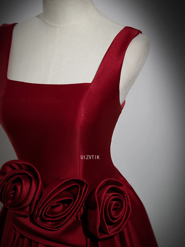 Бордовое роскошное вечернее платье трапециевидной формы, женское атласное платье с 3D цветами без рукавов и открытой спиной, платья для торжественных случаев по индивидуальному заказу