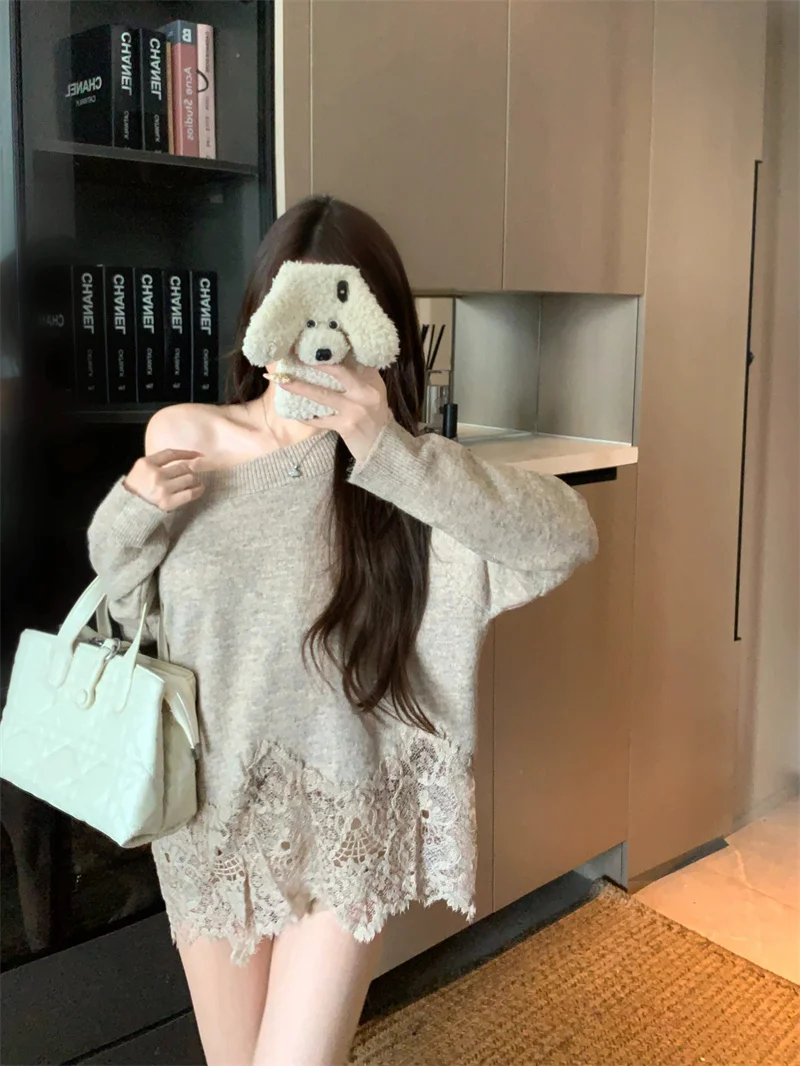 Lace Splice Long Sleeve Knitted Women's Loose Slim Fit Shoulder Bared Pure Desire Top Autumn Design Sensation One Shoulder Shirt