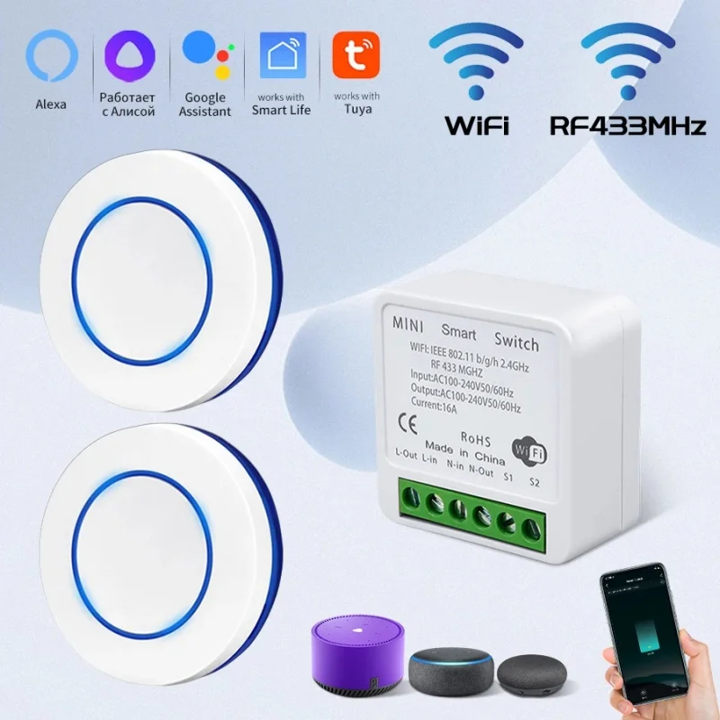 Tuya WiFi Smart Switch 16A RF433Mhz Wireless Mini Round Push Button Switch Alexa Google Assistant Voice Control Activation