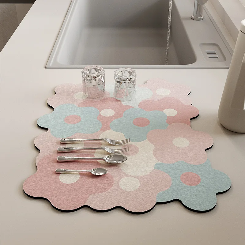 Dish Drying Flower Kitchen Drain  Mat Tabletop Tableware Dry Mat Cup  Wash Free Tea Table Bar