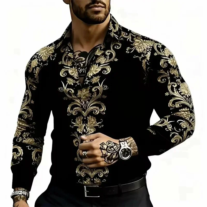 Men's Retro Pattern 3D Print Long-Sleeve Shirt, Slim Fit with Turn-Down Collar Design, Outdoor Casual Style, Unique Men's Top