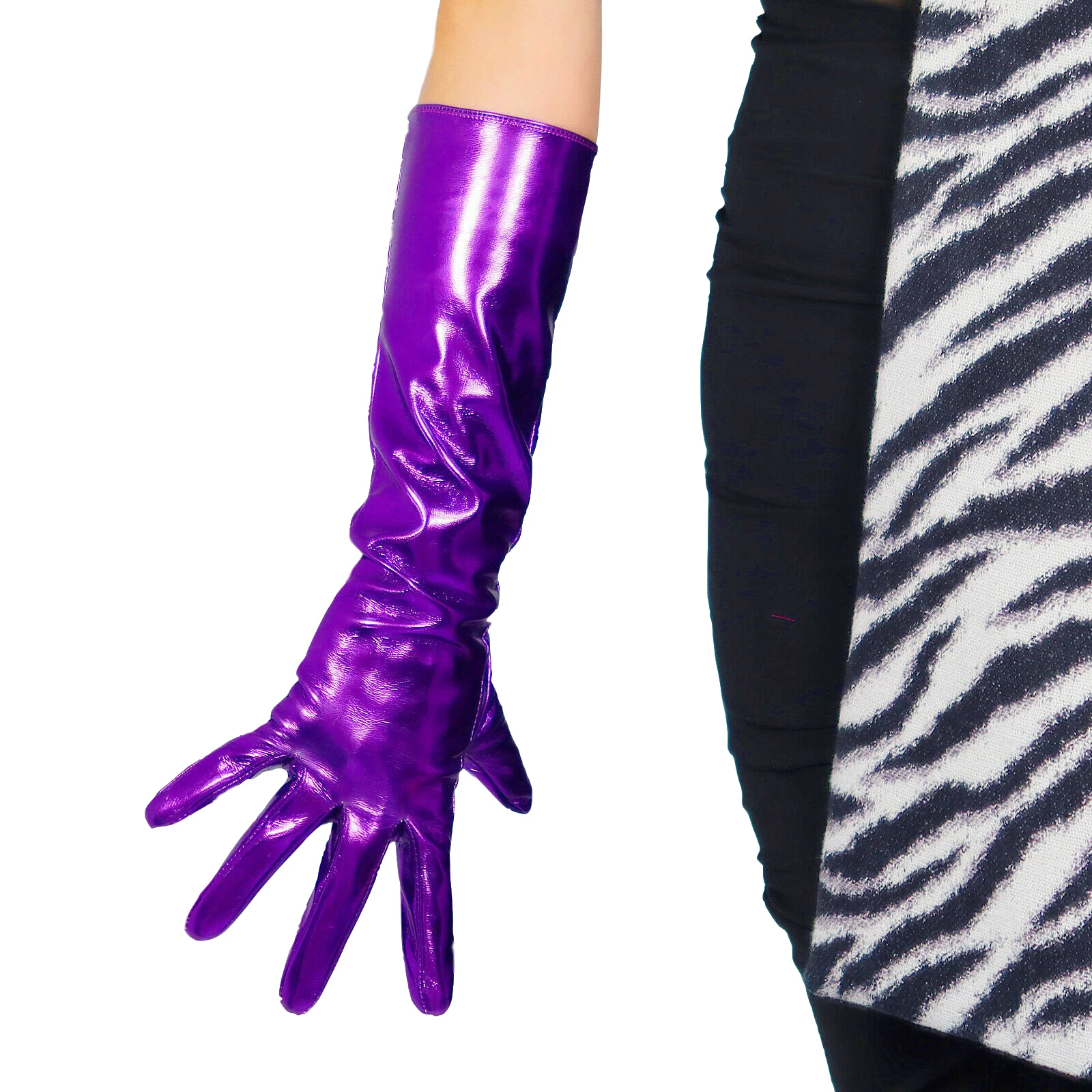 DooWay Women's Shine Dark Purple GLOVES Faux Patent Leather LATEX 40cm Elbow Long Evening Christmas Fashion Show Costume Glove