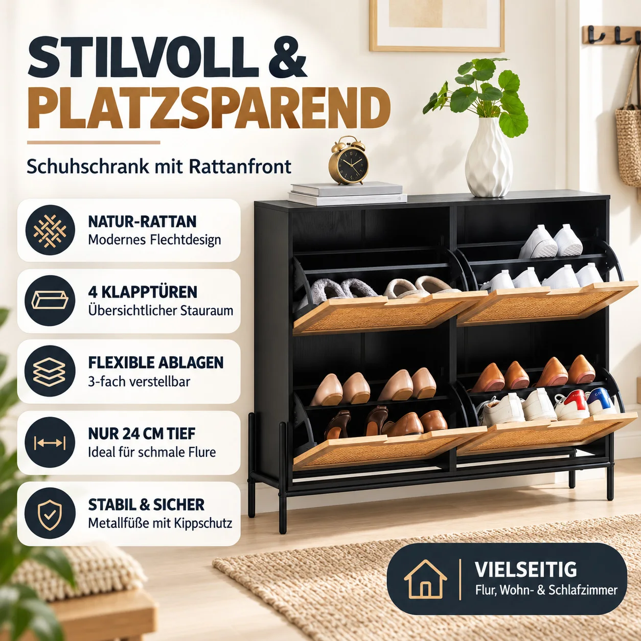 Scarpiera con 4 ante a ribalta e frontale in rattan, scarpiera sottile 100 x 24 x 88 cm con ripiani regolabili, piedini in metallo e sistema di protezione anti-ribaltamento per corridoio, ingresso,