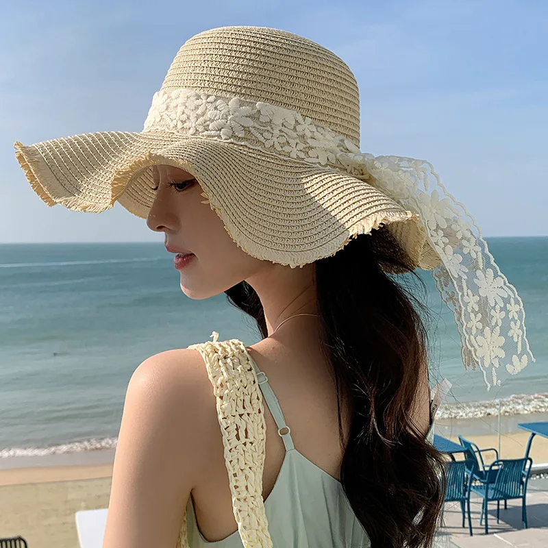 Fashion Flat-topped Straw Wave Hats Girls Wide Brim Sun Hat Outdoor Lace Bow Strap Lightweight Beach Caps Summer Q9