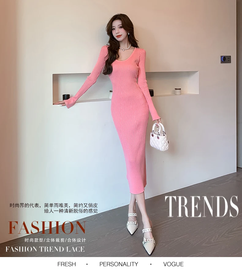 Langes Strickkleid für Damen 2026 Herbst Winter Neuerscheinung Langes Kleid mit Trompetenärmeln und V-Ausschnitt Koreanischer Stil Modisches Damenkleid – Detail 13