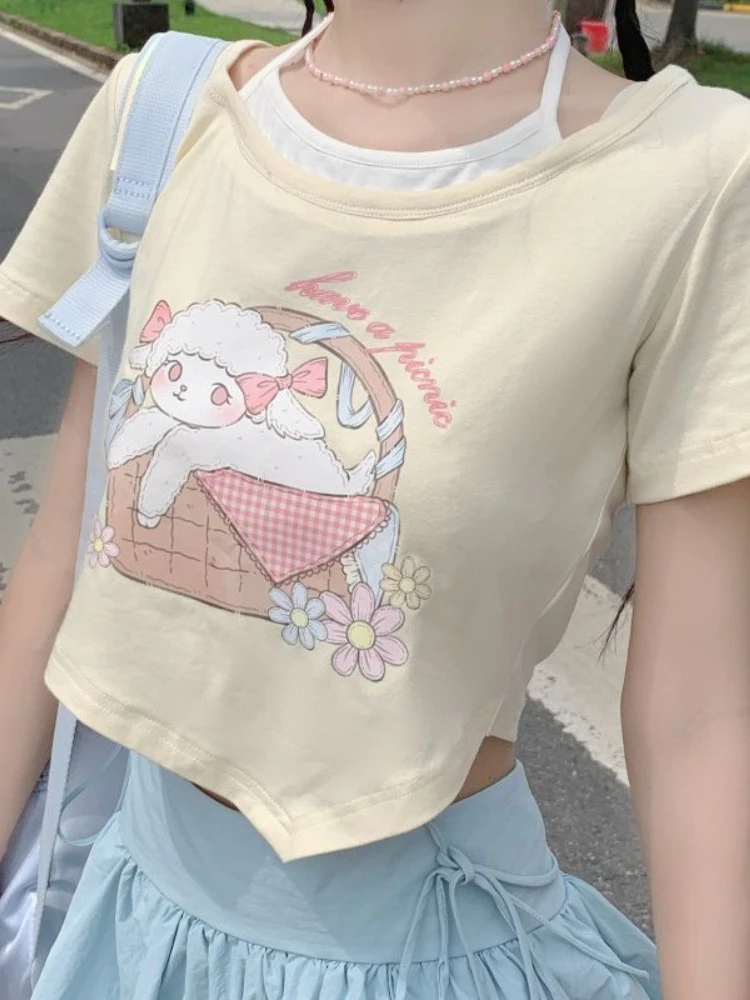 

HOUZHOU Kawaii Sweet Harajuku T Shirts Women Japanese Fashion Fake Two Irregular Pieces Cartoon Print Slim Short Tees Soft Gril