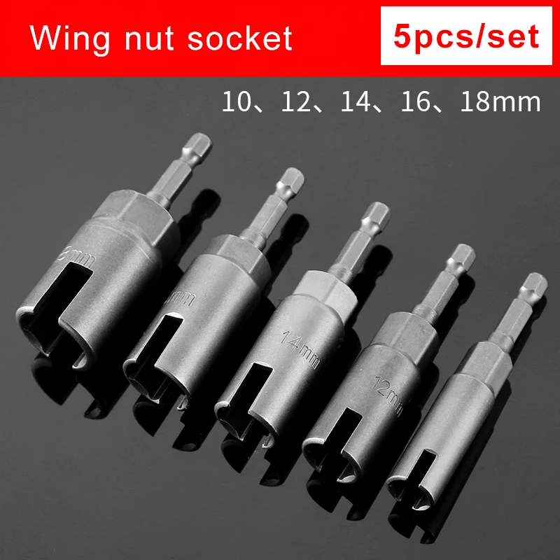 5pcs Wing Nut Driver Slot Butterfly Bolt slotted Socket Sleeve Wrench Screwdriver 1/4 Inch Hex Shank Drill Bits 10/12/14/16/18mm