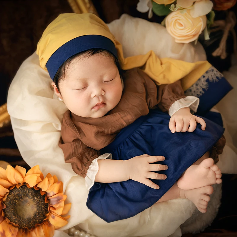Newborn Photography Outfit Famous Painting Theme Baby Photo Prop Set Pearl Chain Accessories Infant Hat Dress For Studio Shoot