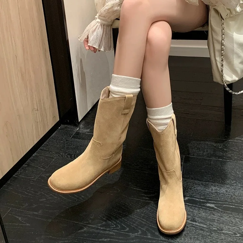 2025 Footwear Denim Ladies Boots Middle Heel Shoes for Women Half High Cowgirl Mid Calf Cowboy New Rock in On Promotion Fashion