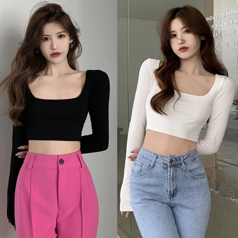 Backless Square Neck Solid Color Bottoms Women T-Shirts Long Sleeves Korean Style Tops image 2