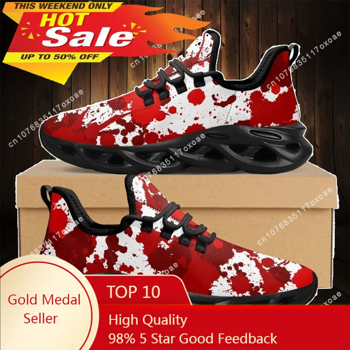 Red Blood Printed Casual Sneakers Outdoor Breathable Lace-up Cushion Mesh Shoes Lightweight Footwear Halloween Gifts