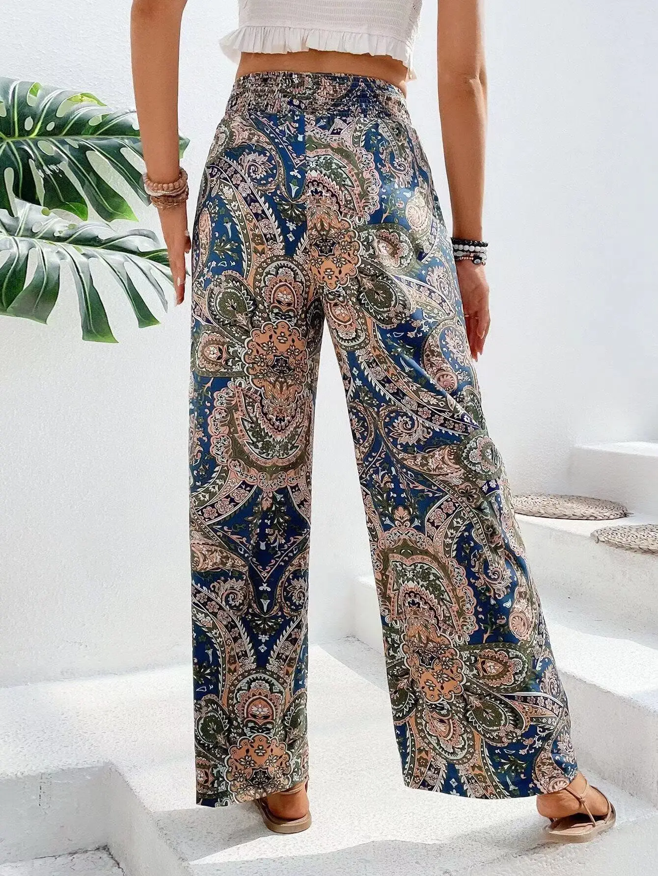 Mode Vintage Print Breite bein Hosen Frauen Casual High-taille Hosen 2024 Frühling Sommer Büro Dame Kleidung Streetwear – Detail 11