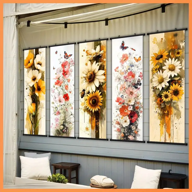 VIKAMA 5 Pcs Sunflower Floral Hanging Scroll Set Watercolor Butterfly Bee Poster Vertical Wall Art for Living Bedroom Decor