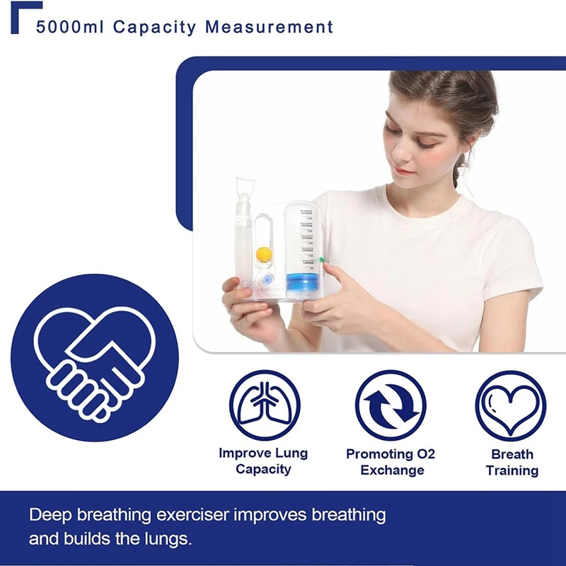 Dispositivo ejercitador de pulmones, entrenador de respiración, medición de volumen inhalado, equipado con indicador de tasa de flujo de bola, 5000ML