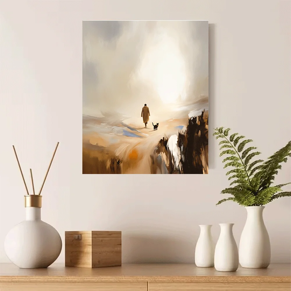 1PC-Unframed Canvas poster wall decoration  Man and Cat Walking on Cliff Edge Sunset Landscape Art Print