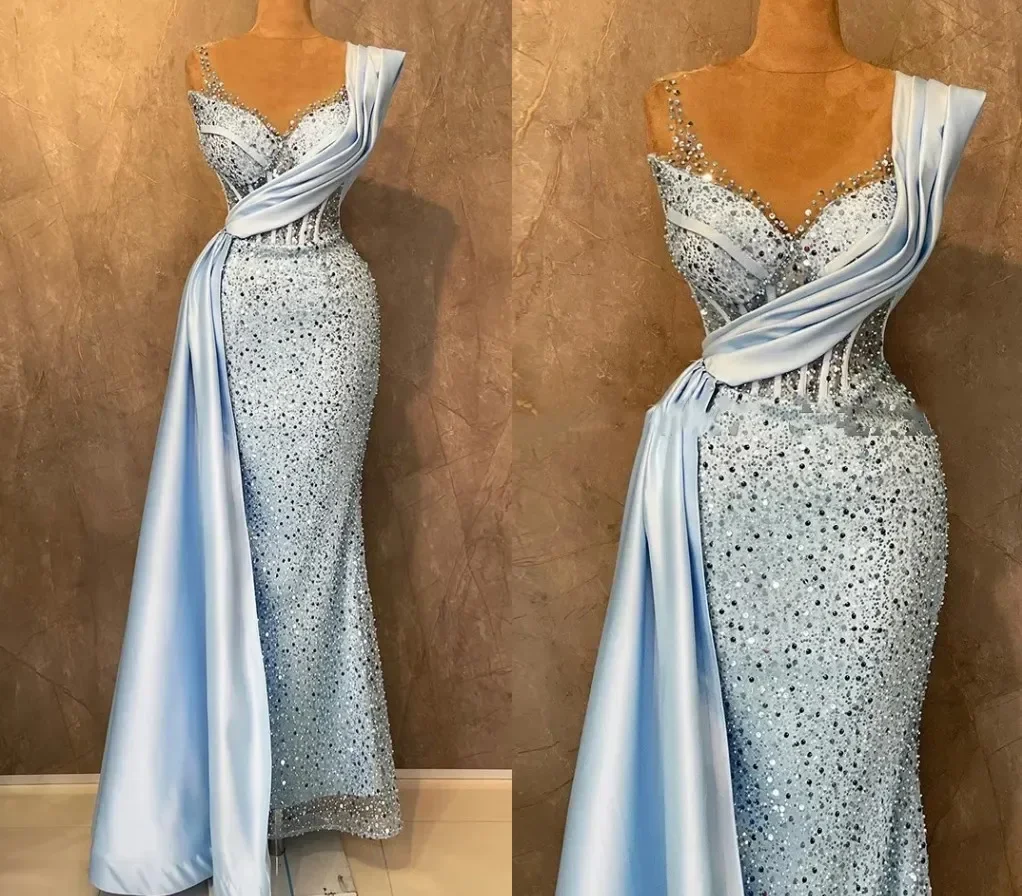 Customized 2025 Glitter Sequin Prom Dresses For Engagement Sheer Neck Pleats Mermaid Formal Evening Gowns Birthday Party Wear
