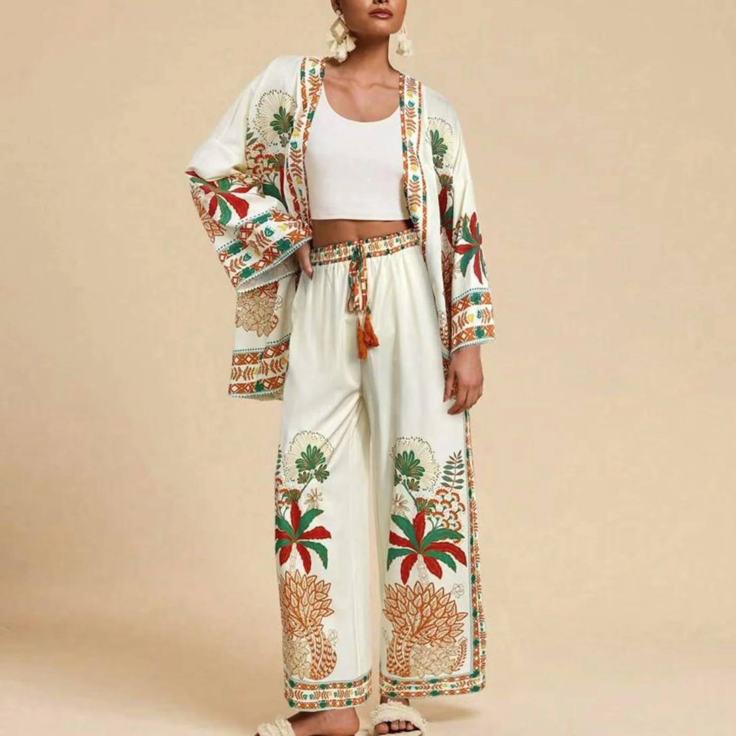 Women Cardigan Floral Print Fashion Casual Holiday Spring Summer Pant Suit