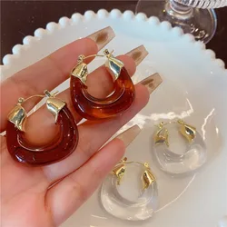 Personality Exaggeration Transparent and Red U-shape Hoop Earrings for Women Charm Amber Acrylic Dangle Jewelry Accessory Gift