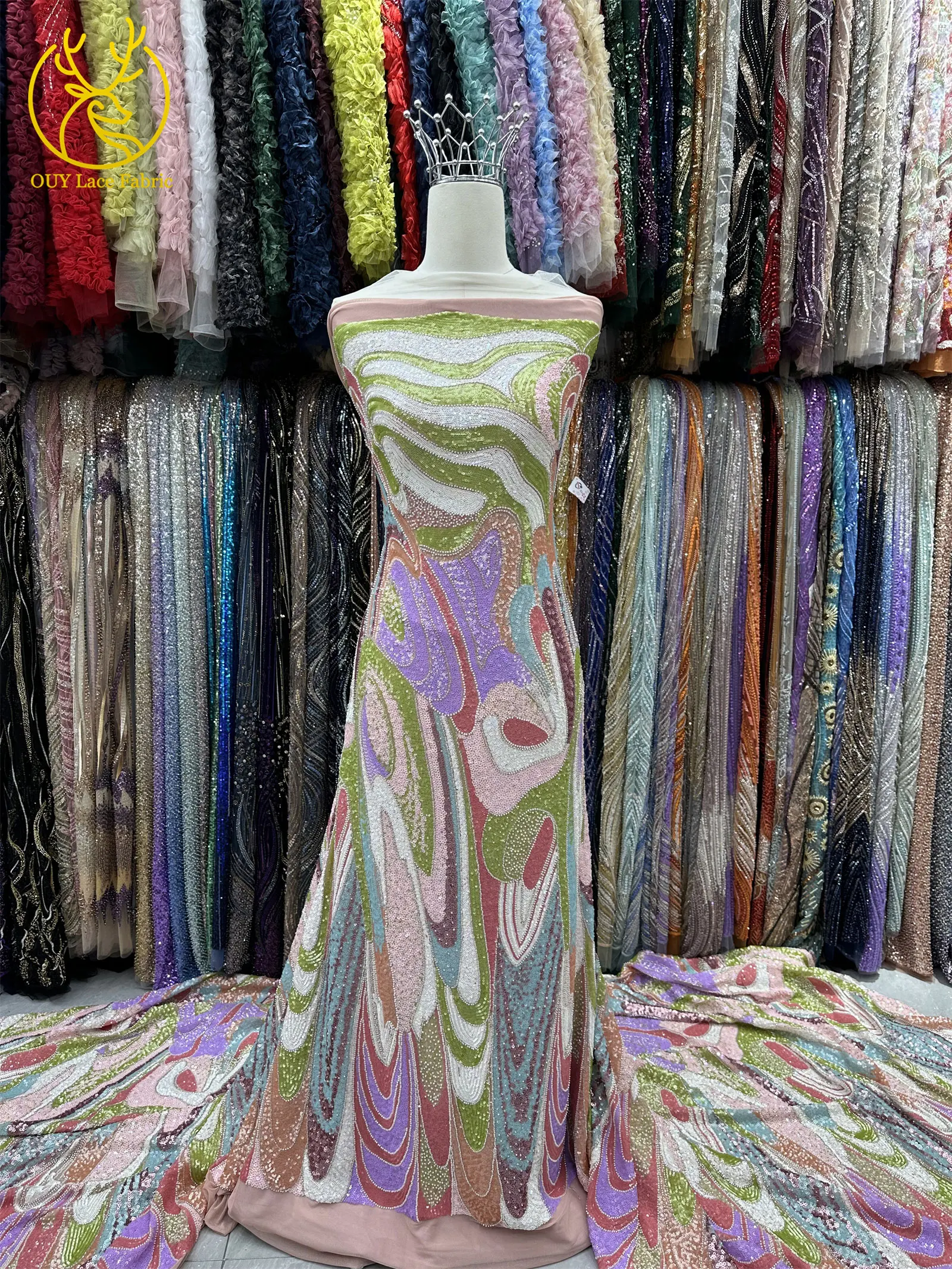 Wunderschöner Bunter Damen-Hochzeitskleiderstoff Handgefertigte Perlen-Stickerei Vollständig mit Pailletten Besetzter Afrikanischer Hochwertiger Spitzenstoff – Detail 8