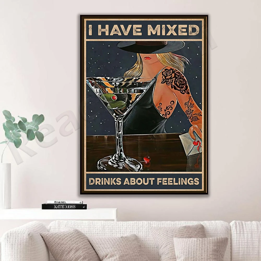 I have mixed drinks about feeling posters, colorful party posters, fun quotes wall decor, kitchen decor, bartender gifts