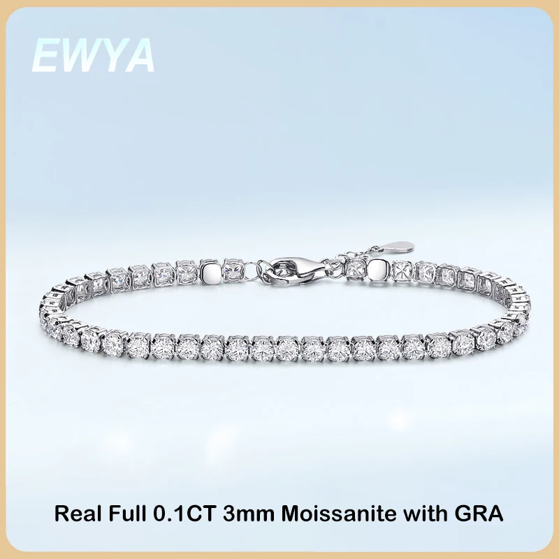 

EWYA Sparkling 100% Real 0.1ct 3mm Full Moissanite Bracelet for Woman Girl Party S925 Sterling Silver Diamond Link Bracelets