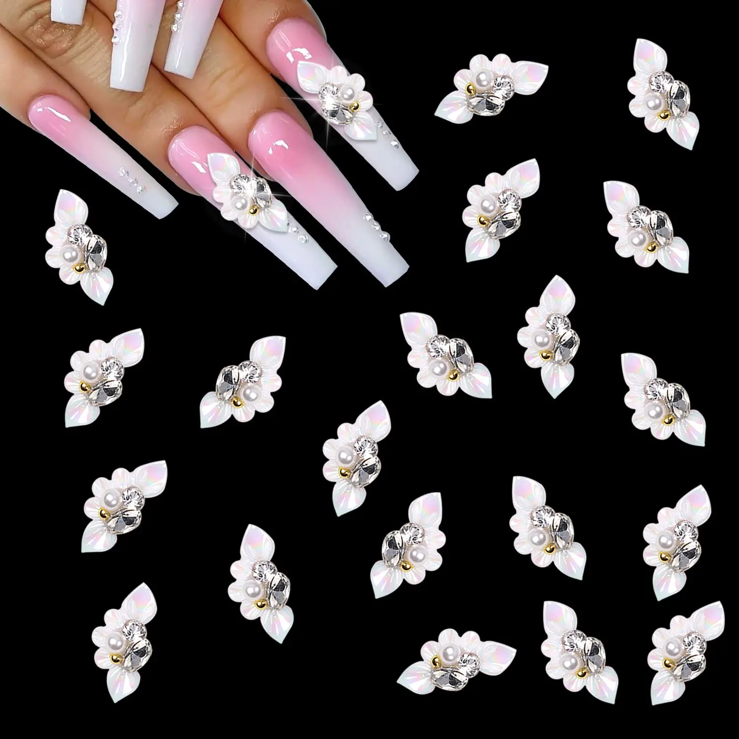40pcs White Flower Nail Charms, 3D Flower Beads for Nails Resin & Acrylic Crystals, Flat Back Nail Art Accessories for Women