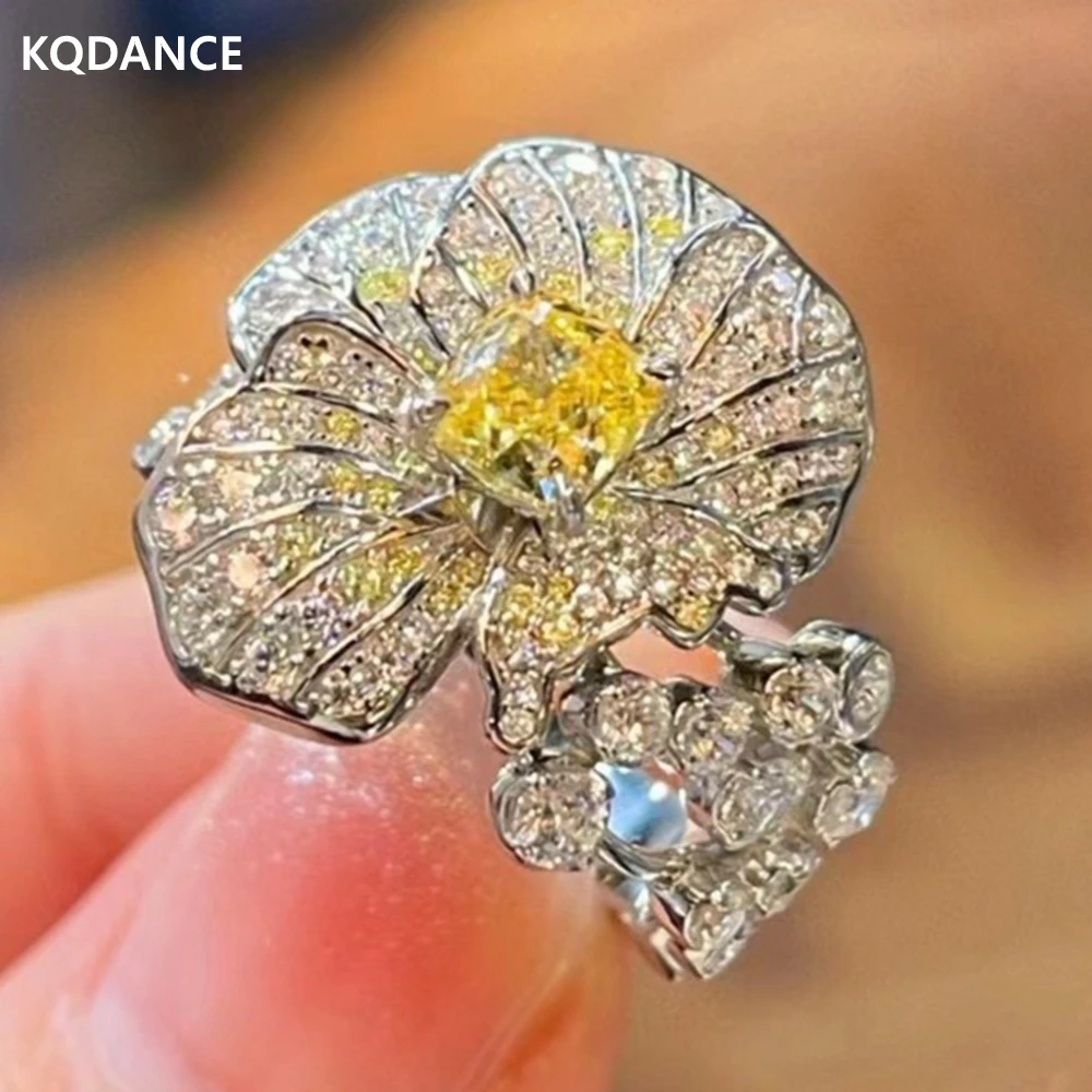 KQDANCE Luxury Solid 925 Sterling Silver With Yellow Ice Cut High Carbon Diamond Flower Rings Fine Jewelry For Women Gifts