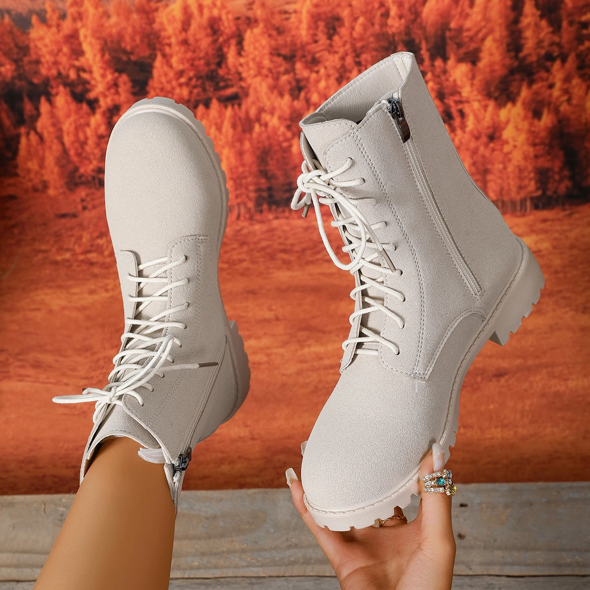 Botines de suela gruesa para mujer, zapatos de tacón medio con cordones y cremallera lateral de Color sólido, botas de punta redonda para otoño e invierno 2025