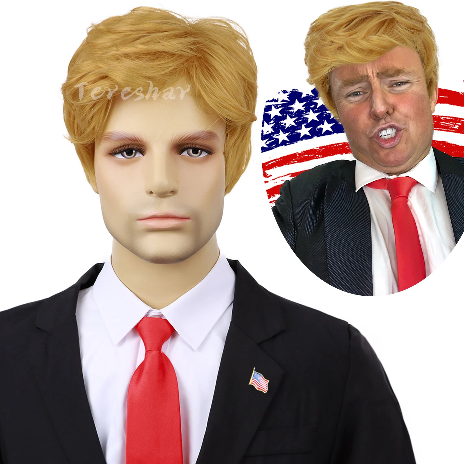 Synthetic Trump Wig for Donald Costume Mens Layered Heat Resistant Blonde Wigs Famous People Cosplay Wigs for Party Halloween