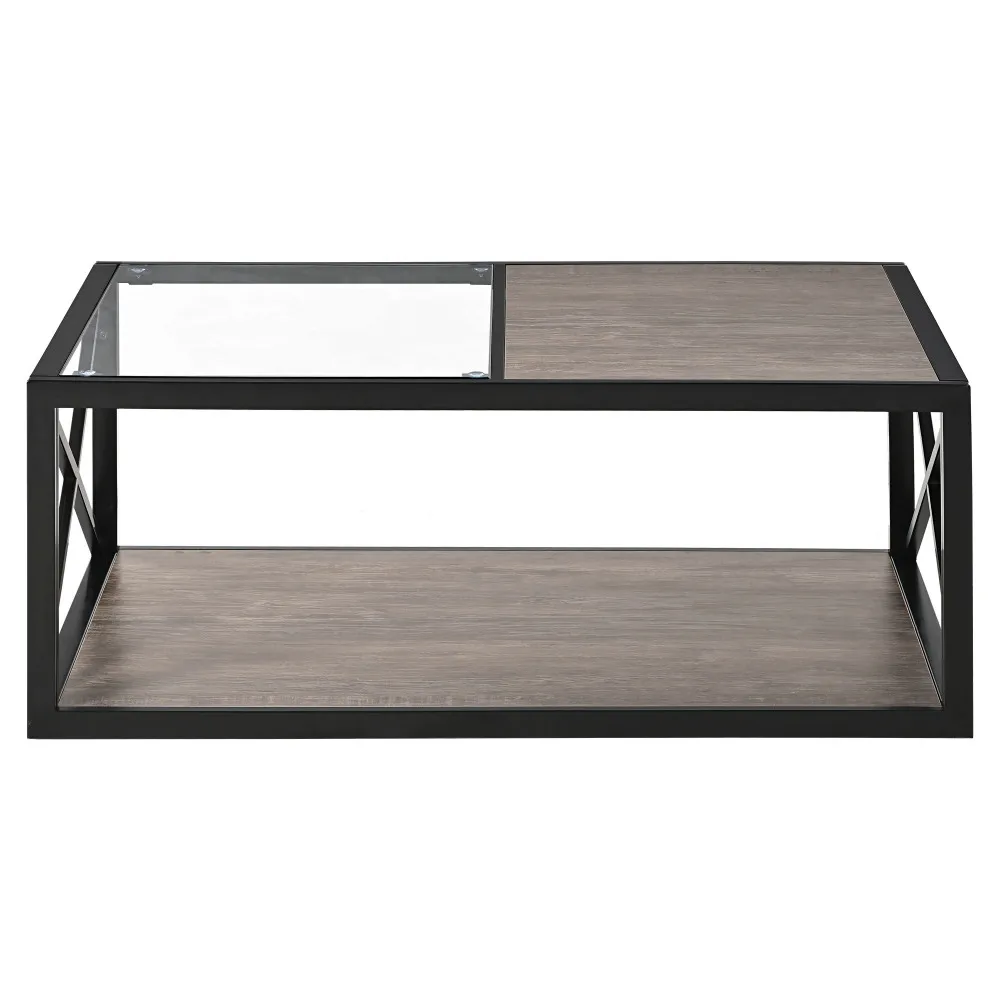 Modern Coffee Table for Bedroom & Living Room Tempered Glass&Rustic Wood Grain MDF Industrial Style Coffee Table