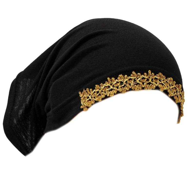652B Stretchy Head Cover Turban Hat for Muslims Women with Sparkling Lace Flower Trim Slouch Headwear for Everyday Comfortable