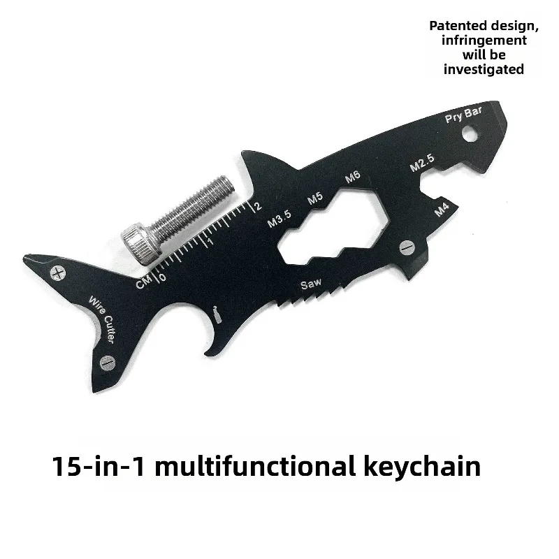 

15 in 1 Outdoor Portable EDC Survival Tool Shark Shaped Bottle Opener Multifunction Keychain Ideal for Camping Hiking Travel