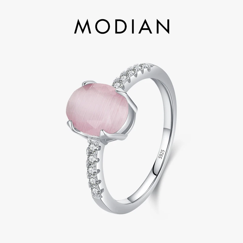 Modian 925 Sterling Silver Romantic Pink Oval Opal Finger Ring For Women Girls Charm Party Platinum Plated Fine Jewelry Gifts