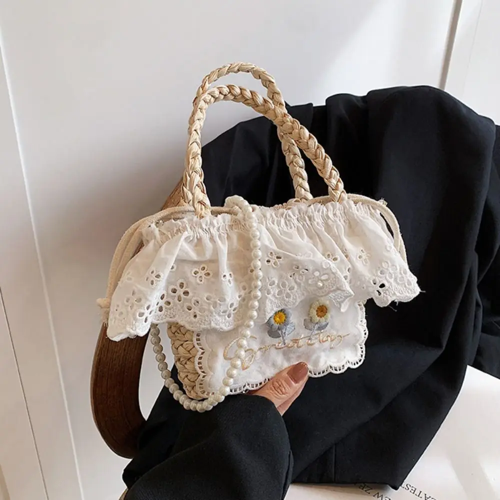 

Sweet Ribbon Lovely Woven Handbag with Handle Large Capacity Straw Crossbody Bag Pearl Strap Cute Summer Bag Beach