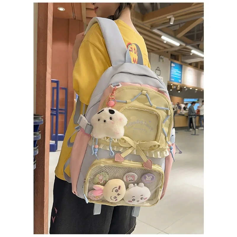 1 Stück Weicher Nylon-PVC-Rucksack mit Transparenter Vordertasche, Schleifendekoration, Seitenfach für Wasserflasche, Schüler-Reise-Büchertasche