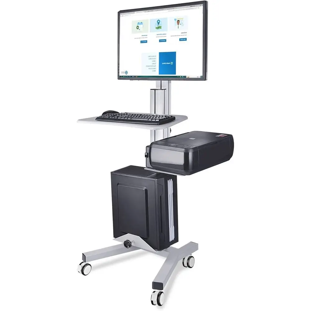 

Регулируемая медицинская тележка на колесах с креплением для монитора, выдвижной полкой для клавиатуры и держателем для принтера для использования в клинике, школе или офисе