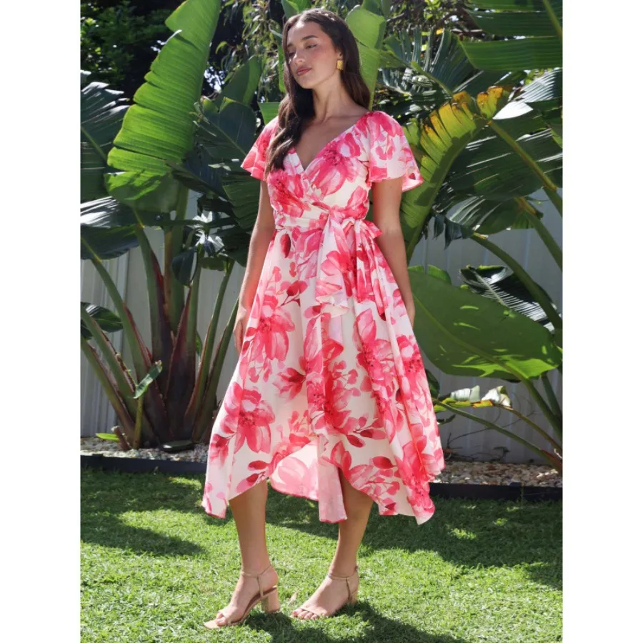 

【New style】Spot 2026 spring and summer short-sleeved tea break wrap lace-up dress temperament casual seaside vacation dress