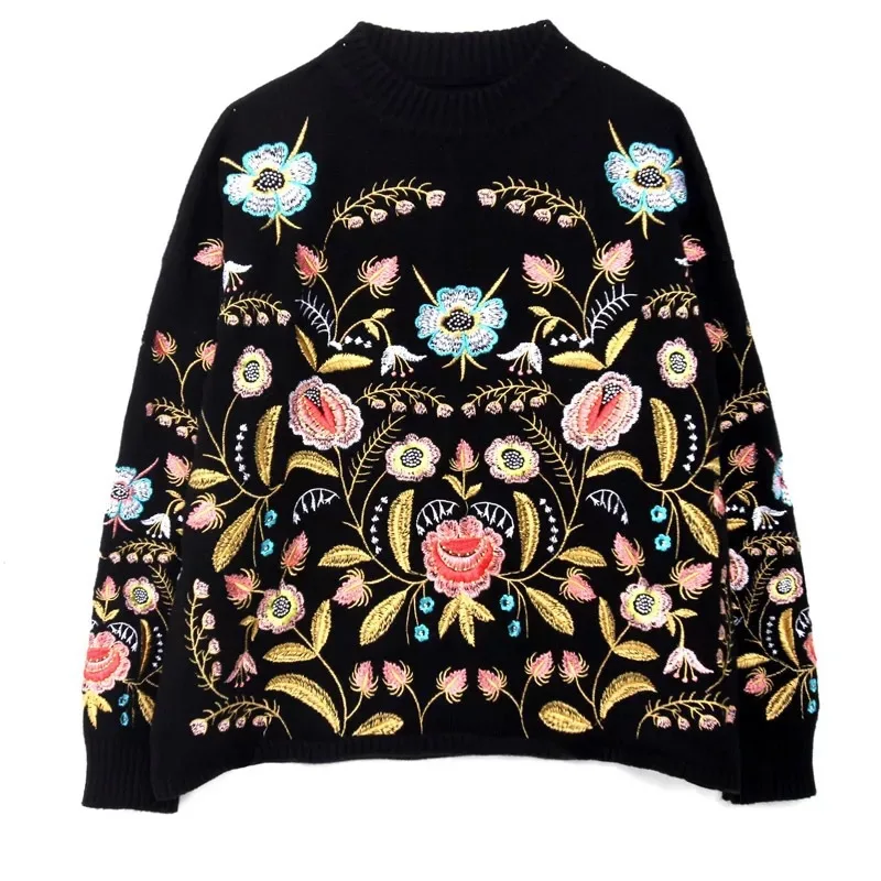 2022 Vintage Pullover Embroidery Round Collar Flowers Top Loose Korean Autumn Winter Jumper Long Sleeve Women Fashion Sweater